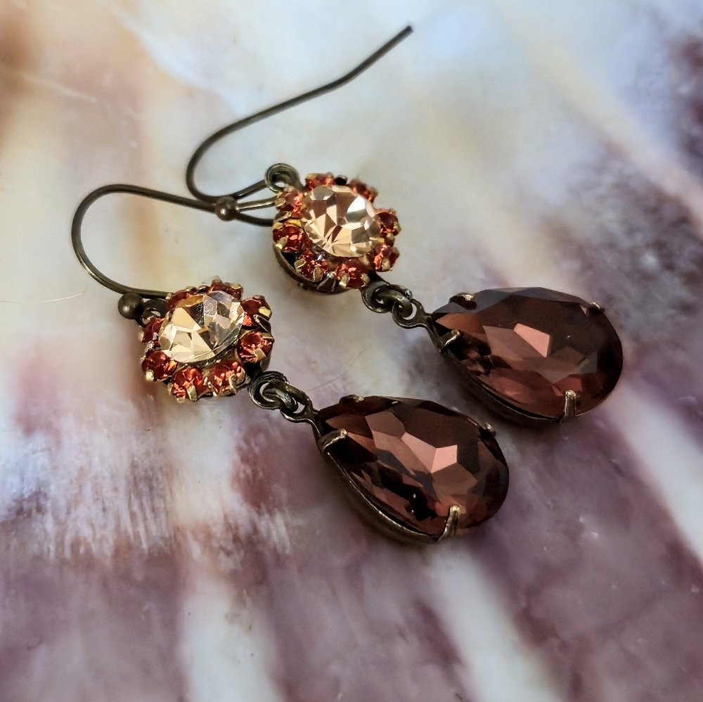 Victorian Autumn Burgundy Swarovski Elements Flower Crystals In Brass  Earrings